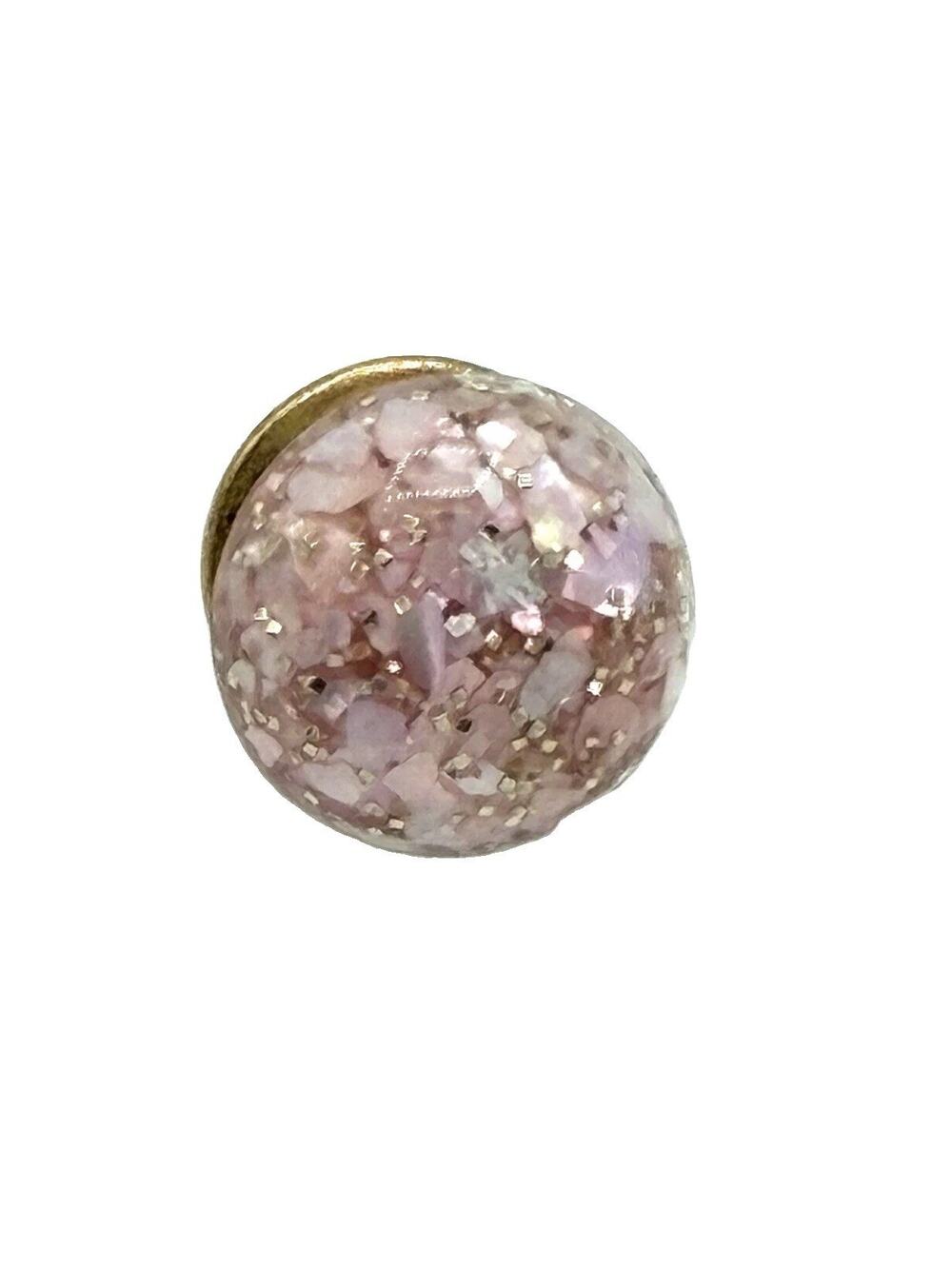 Vintage Pink Confetti Lucite Stud Pin Gold Tone Round Dome Design